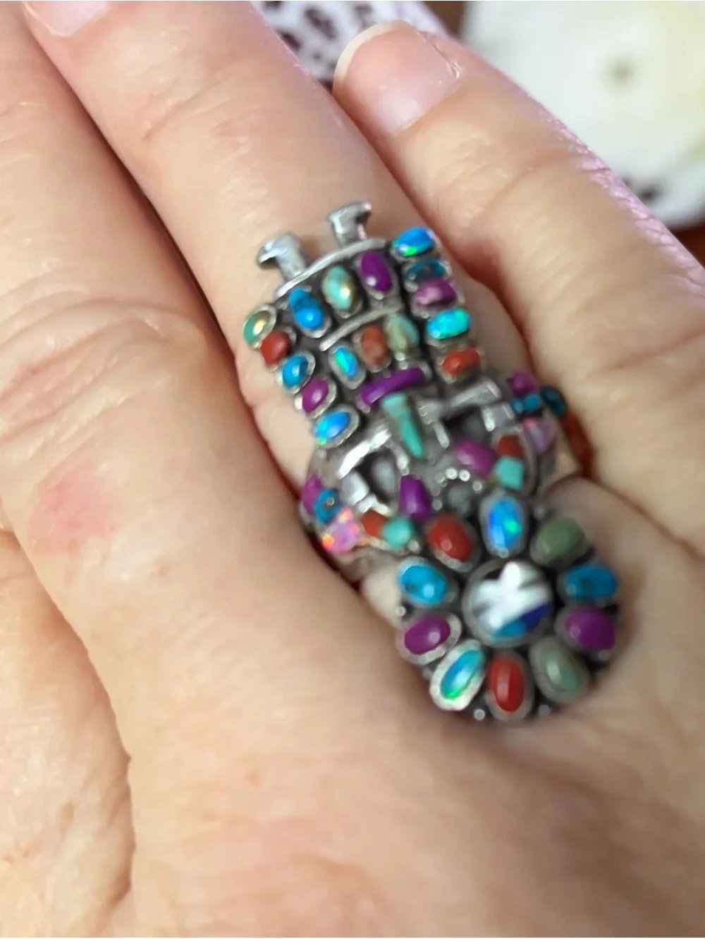 Nice vintage Native American sterling silver inlay Kachina ring